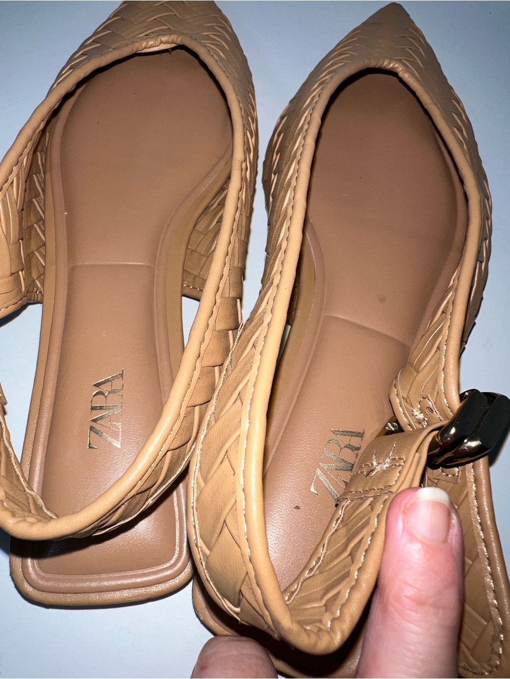 ZARA Woven Leather Pointed Toe Slingback Flats Buckle Nude Tan Sz 38 - Picture 5 of 12